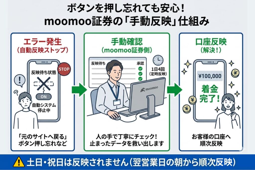 moommo証券【いつ反映される?】ボタンを押し忘れた・エラー時の入金反映スケジュール